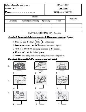 Đề kiểm tra Cuối năm môn Tiếng Anh Lớp 4 - Trường Tiểu học Xuân Tam